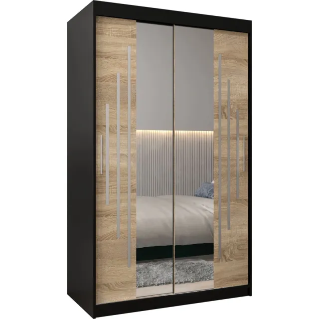 InspireME Kledingkast met 2 schuifdeuren, Modern-stijl, Een kledingkast met planken en een spiegel (BxHxD): 120x200x62 - MALTESE I 120 Zwart Mat + Sonoma Eik