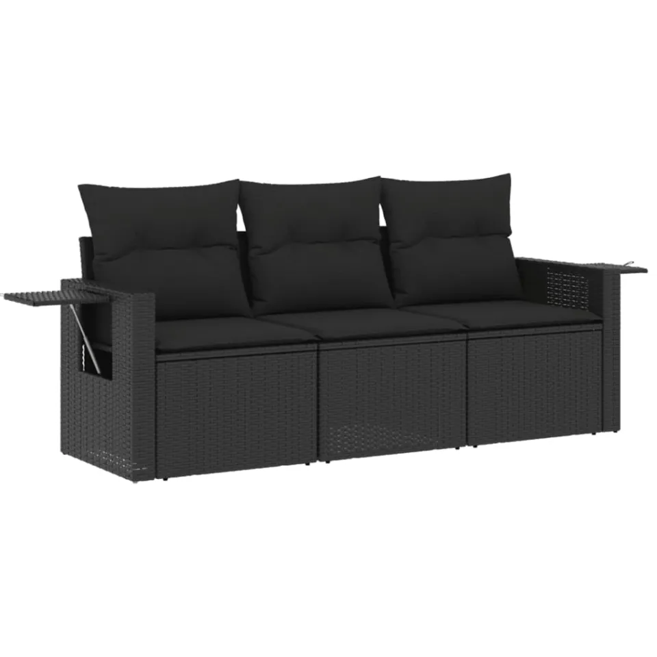 vidaXL 3-delige Loungeset met kussens poly rattan zwart, foto 3
