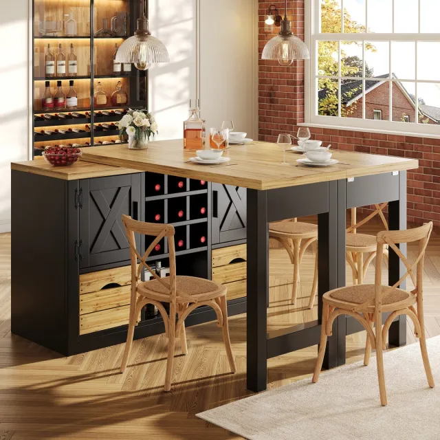 MEUNIQ uitschuifbare eettafel met sideboard 120-197 x 40 x 72 cm, 360° draaibaar tafelblad, 1 lade, uitneembaar wijnrek, opbergruimte voor keuken of eetkamer, zwart