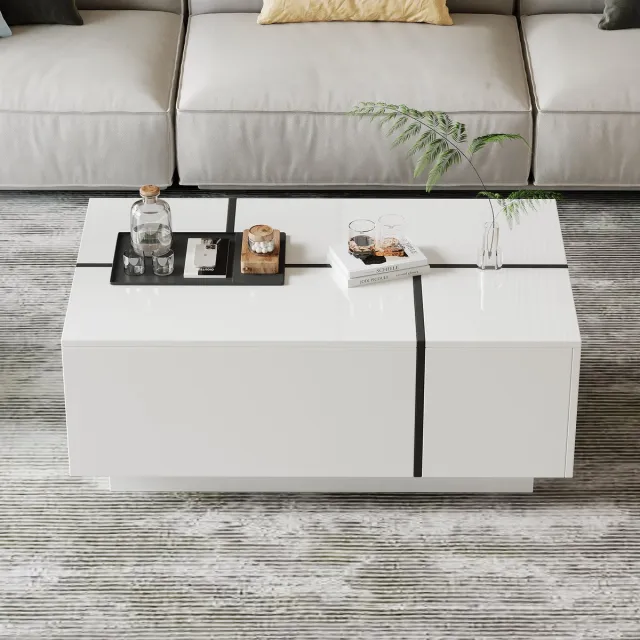 REDOM Salontafel 100x60x40 cm van spaanplaat, wit-zwart splicing met hoogglans bovenblad en 4 laden
