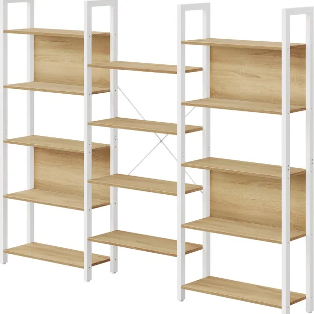 Vasagle Boekenkast - Met 14 Planken - Metalen Frame - Voor Woonkamer Kantoor Industrieel Design Goud-eiken/mat wit