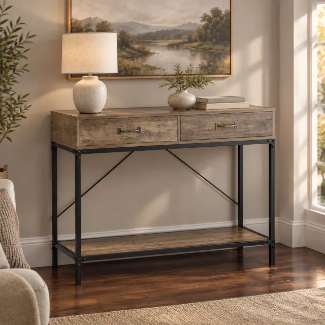 CHICFURN Sidetable - 2 lades en onderplank - Metalen frame - Bruin zwart
