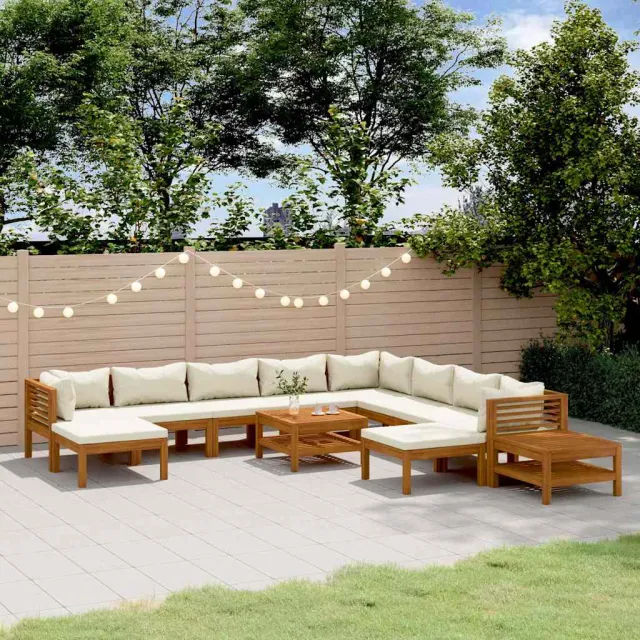 vidaXL 12-delige Loungeset met crèmekleurige kussens massief acaciahout, foto 2