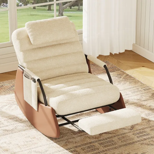 ROSAHQNDA Schommelstoel 63x91,5x92 cm, verstelbare rugleuning met voetensteun en hoofdsteun, comfortabele fauteuil met armleuningen om te lezen, voor woonkamer en slaapkamer, corduroy, beige