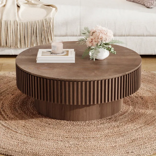 MODFU Salontafel - Met Opbergruimte En Geribbeld Ontwerp - Paddenstoelvorm - Voor Woonkamer - MDF Met Houtfineer - Walnootkleur Okkernoot