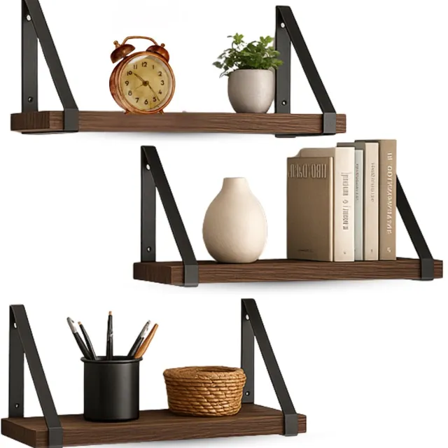 Lomera Zwevende Wandplank - Set van 3 - Vintage Design - Metalen Beugels - Houten Planken - Muurplank - Industrieel Ontwerp - Boekenplank - Montagetijd 5 Minuten - Incl. Bevestigingsmateriaal - Fortune Paulownia Hout - 40/35/30 cm nvt