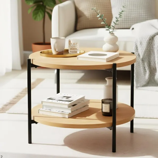 CLP Edduma Salontafel - rond - met opbergruimte - hout - bijzettafel - met 2 niveaus - klein zwart metalen frame - 50 cm natura