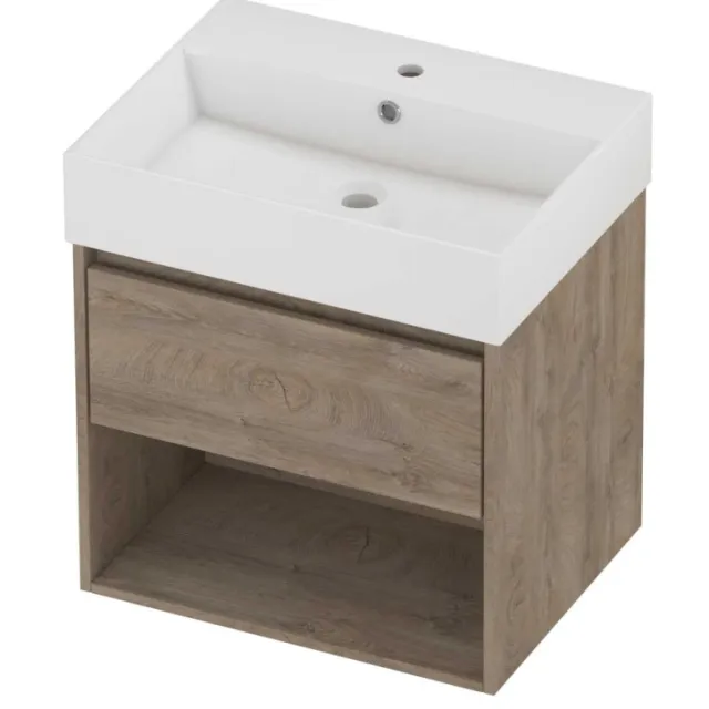 Proline Zara Badmeubelset Porselein Loft 1 Kraangat Met Schap 60x46x65 cm Glans Wit Raw Oak Eiken