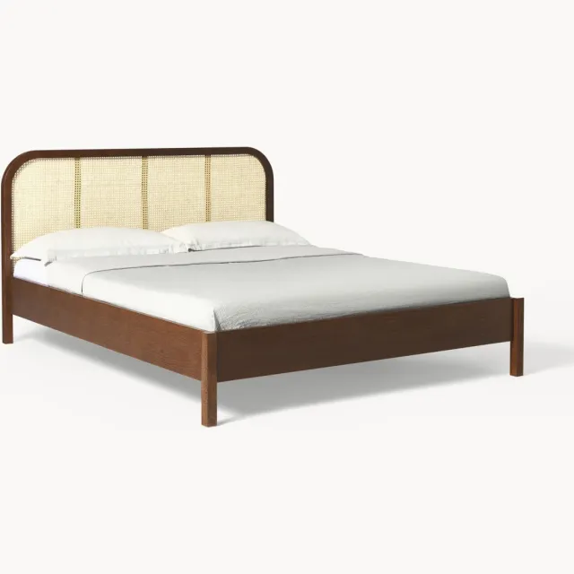 Westwing Collection Houten bed Jones met Weens vlechtwerk hoofdeinde Beige