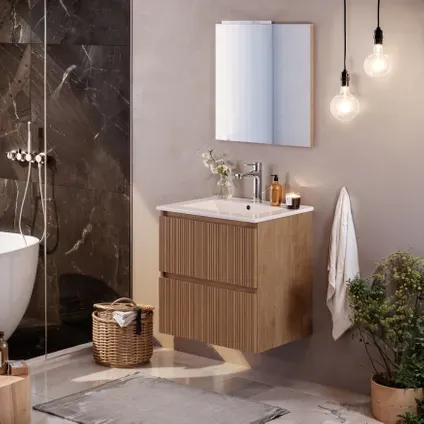 Wastafelonderkast Asime 60cm - Natuurlijk Eikenfineer Houtlook - Met 2 Lades, foto 2