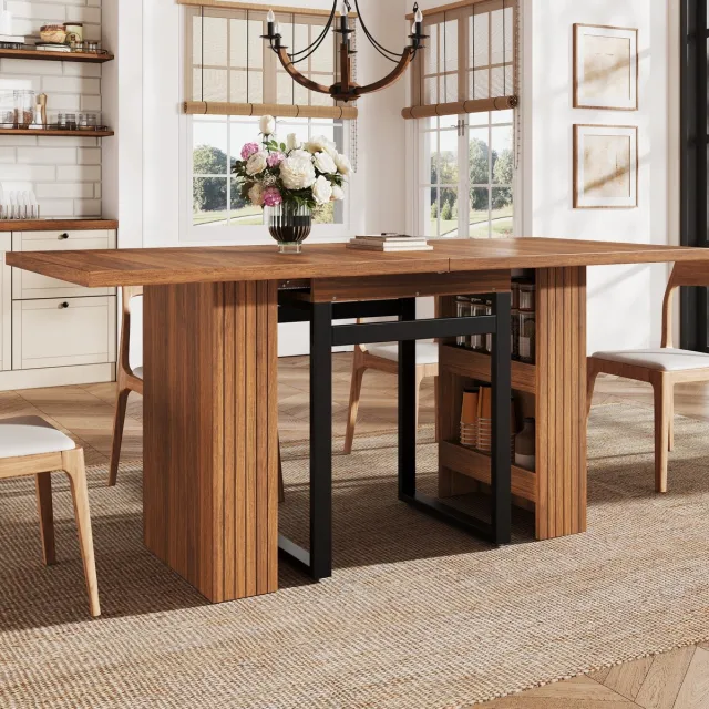 REDOM Eettafel - Uitschuifbaar - Verborgen opbergvak - Drie-staps uitschuiffunctie - MDF en metaal - Modern - Eetkamer en werkplek - Donkerbruin - 120-160-200 x 80 x 78 cm