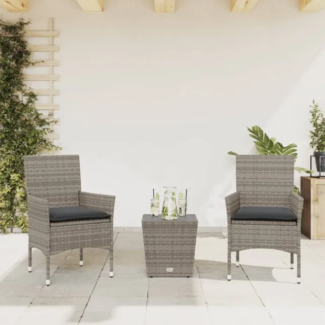 vidaXL 3-delige Bistroset met kussens poly rattan en glas grijs, foto 2