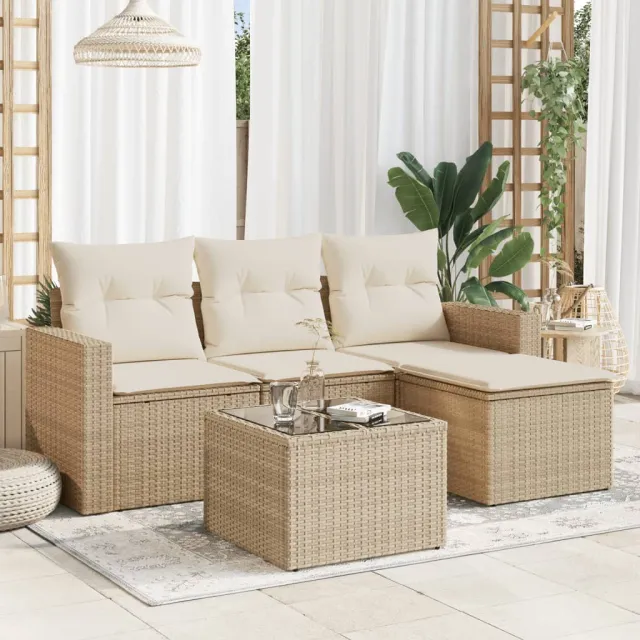 vidaXL 5-delige Loungeset met kussens poly rattan beige, foto 2