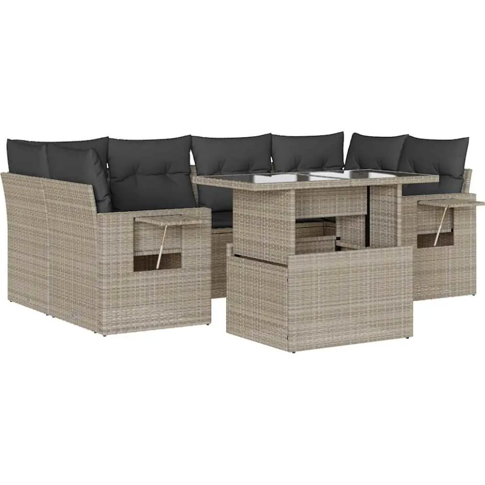 vidaXL 7-delige Loungeset met kussens poly rattan lichtgrijs grijs, foto 3