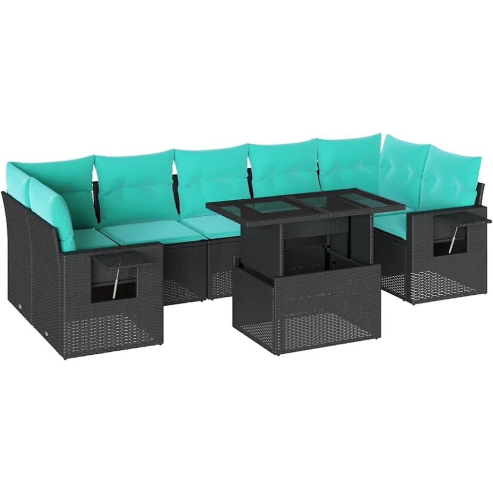 vidaXL 8-delige tuinbankset met kussens, zwart polyrotan