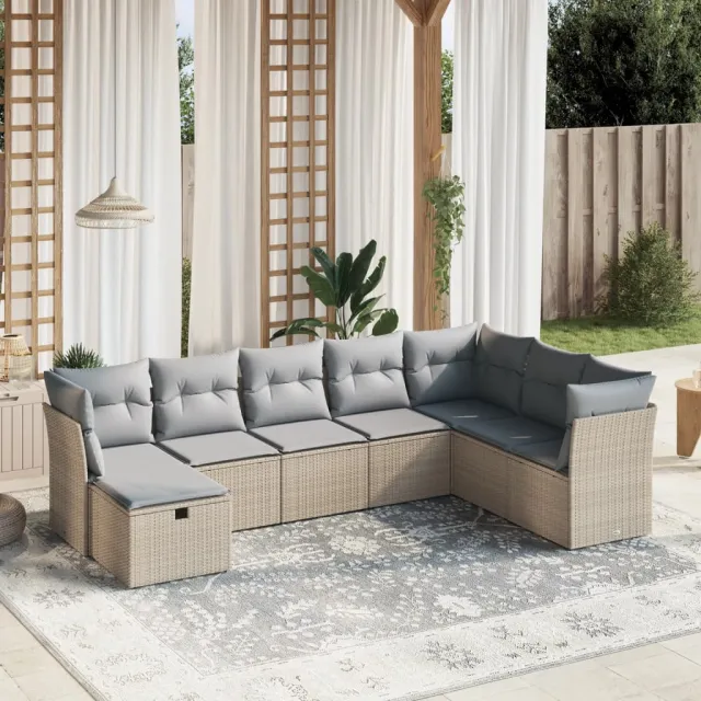 vidaXL 8-delige Loungeset met kussens poly rattan gemengd beige, foto 2