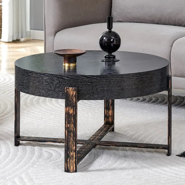DESMIU Bijzettafel - Ronde Zwarte Tafel Met Stabiele Kruispoot En Fijne Nerf - Voor Woonkamer En Slaapkamer - MDF En Metaal - 68 X 39 Cm