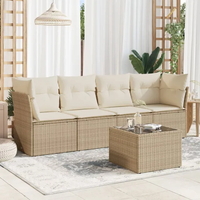 vidaXL 5-delige Loungeset met kussens poly rattan beige, foto 2