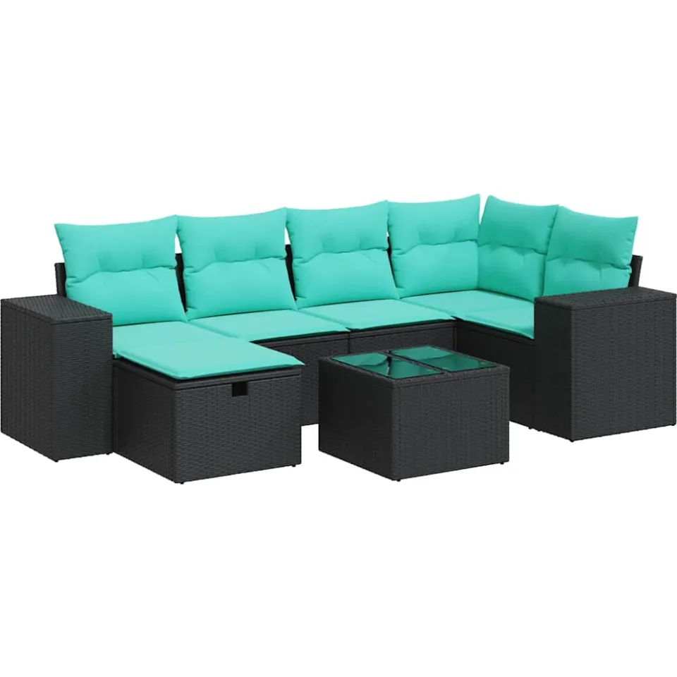 vidaXL 7-delige Loungeset met kussens poly rattan zwart, foto 3