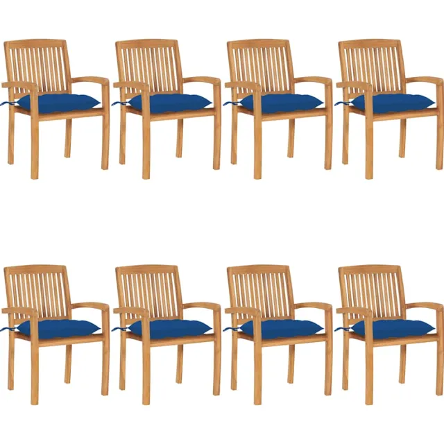 vidaXL Tuinstoelen stapelbaar 8 st met kussens massief teakhout blauw