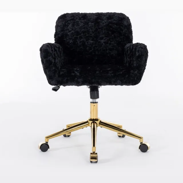 Ropilly Zwarte Pluche Bureaustoel - In Hoogte Verstelbare Make-up Stoel - 360 Graden Draaibaar - Met Armleuning - Gouden Basis - Slaapkamer - 61x60x90cm - Zwart