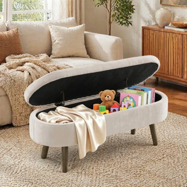 MODFU Opbergbank - Chenille - Beige - Hout - 110 X 40 X 42 Cm