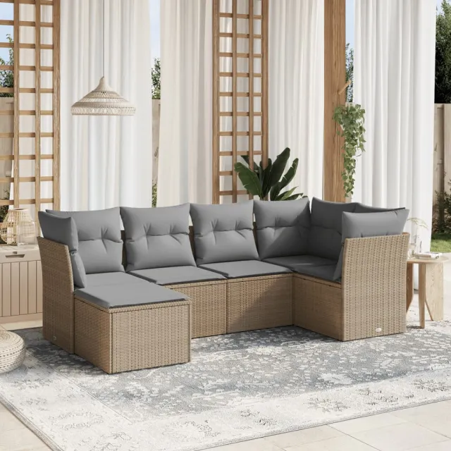 vidaXL 6-delige Loungeset met kussens poly rattan gemengd beige, foto 2