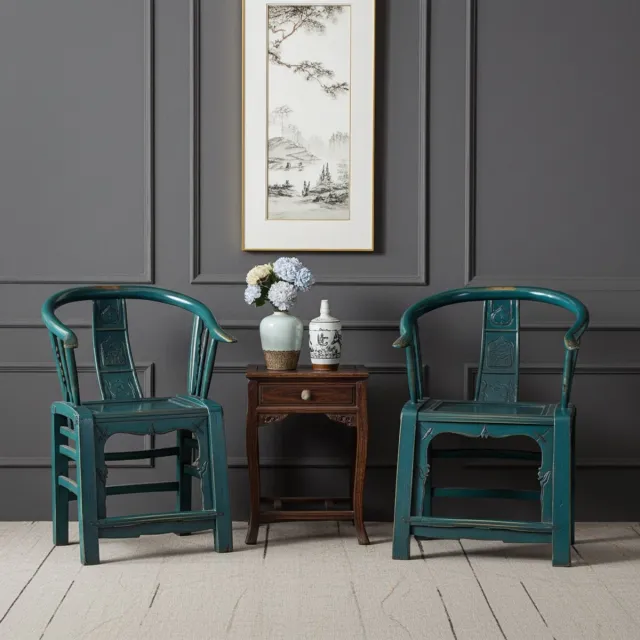 Fine Asianliving Antieke Chinese Stoelen met Armleuning Blauw High Gloss Set/2 Chinese Meubels Oosterse Kast