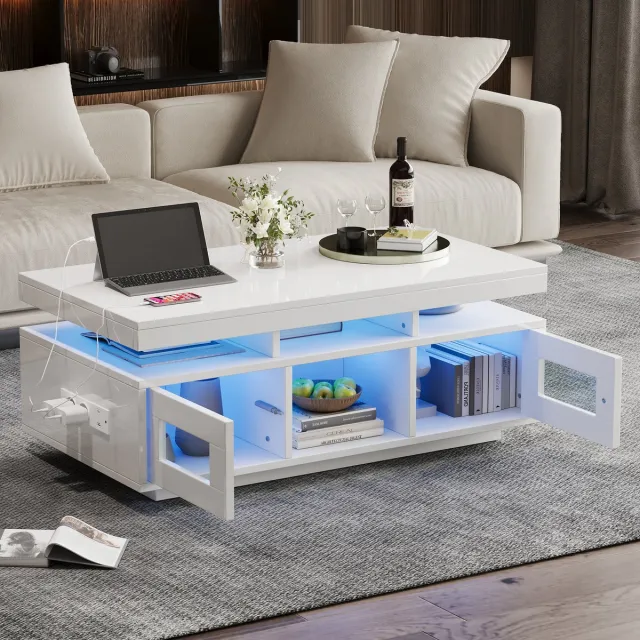 OKWISH Salontafel – Hoogglans Met Ledverlichting Via App – Met Stopcontact En Usb – Voor Woonkamer Kantoor – Spaanplaat Wit – 100×50×43 Cm