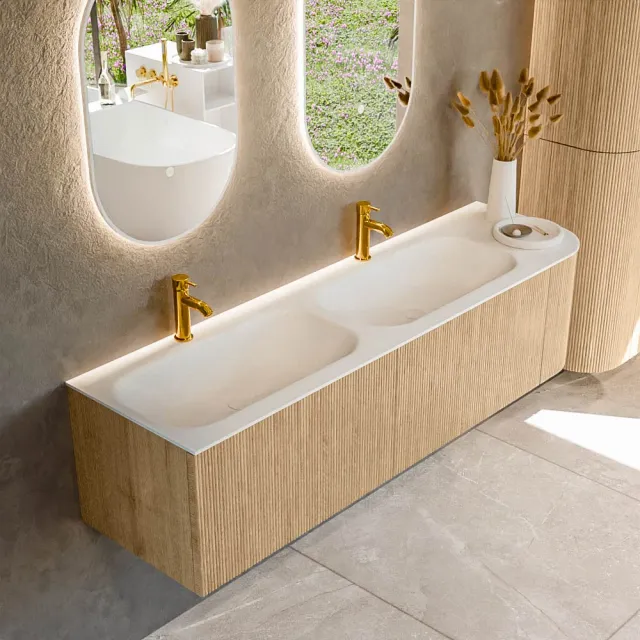 Mondiaz KURVE 165 cm Onderkast Greeploos 2 Lades Met Deuren Oak, Wastafel Solid Surface Links Talc 2 Kraangaten Zonder Spiegel (KRVBGS165R2L1D2KD-Oak/Tal)