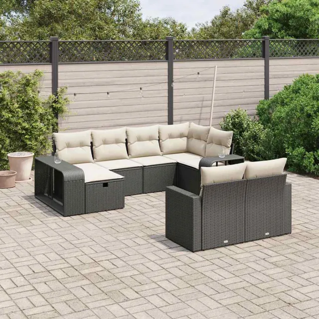 vidaXL 10-delige Loungeset met kussens poly rattan zwart, foto 2
