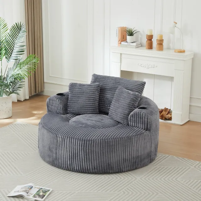 Sweiko Fauteuil - Ronde Zitzak - Eenzitsbankje - Corduroy - Met 3 kussens - 2 bekerhouders - Grijs