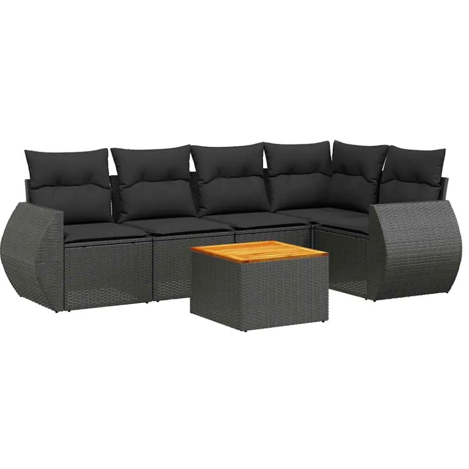 vidaXL 6-delige Loungeset met kussens poly rattan zwart, foto 3