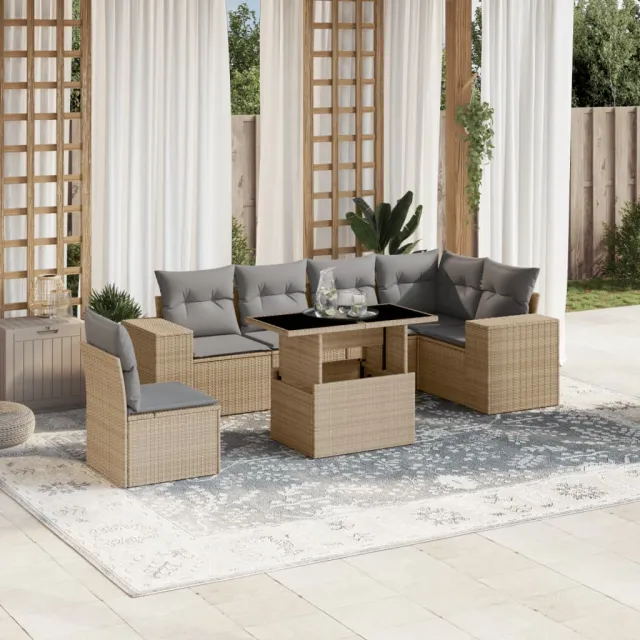 vidaXL 7-delige Loungeset met kussens poly rattan beige, foto 2