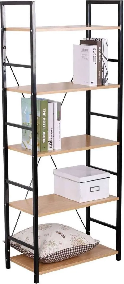 Bolt Edge Boekenkast - Industrieel - Zwart/Oak - 5 lagen - 60x28x148cm Eiken