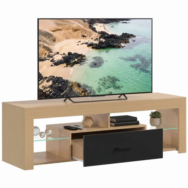 Homcom TV Stand-Spanplatte, Glas-140 x 40 x 45 cm-Eiche eiken, zwart, transparant