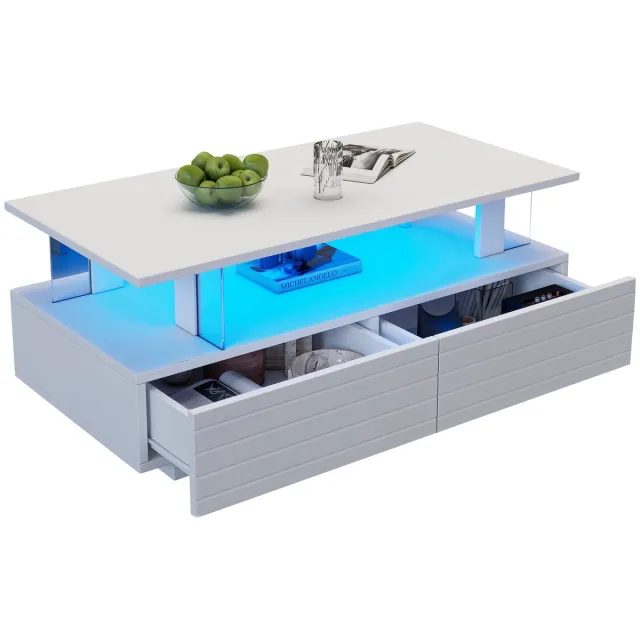 Merax Salontafel 100x50 met LED via APP – Wit Acryl Bijzettafel met 2 Lades en Open Schap