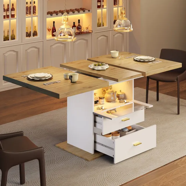 MEUNIQ uitschuifbare eettafel 110-140 x 80 x 75 cm met LED-verlichting, app-bediening, 2 lades en opbergruimte voor keuken en eetkamer, wit