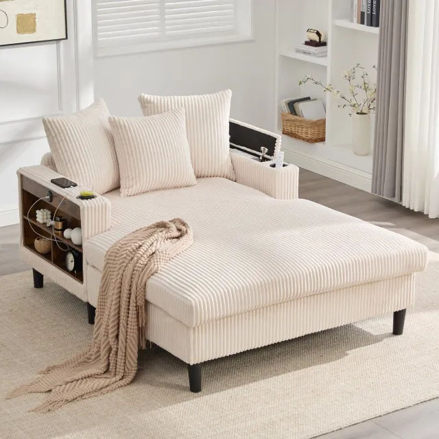 MIVRAY Chaise Longue 129x170x70 Cm - Met Led, Usb, Opbergruimte En Bekerhouders - Voor Woonkamer Of Balkon - Cord Beige