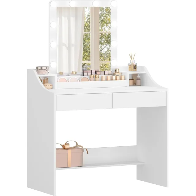 HILINSIE Kaptafel - Make up Tafel - Kaptafel met Spiegel en Verlichting - 80 cm - Instelbare Helderheid - Dressoir met 2 Lades en 2 Open Compartimenten - Wit - 40 × 80 × 140 cm - Modern