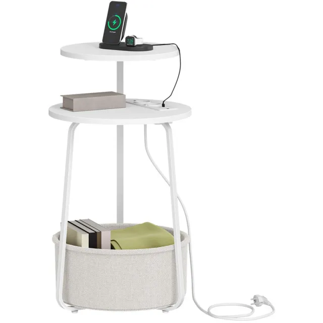 HILINSIE Bijzettafel, rond, 2-traps salontafel met stekkerdoos, stoffen mand, stalen frame, voor woonkamer, kleine ruimtes, slaapkamer, wit