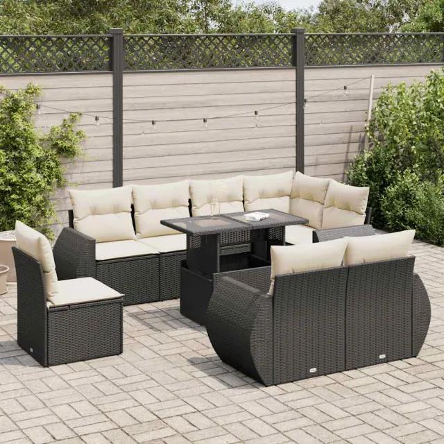 vidaXL 9-delige Loungeset met kussens poly rattan zwart, foto 2