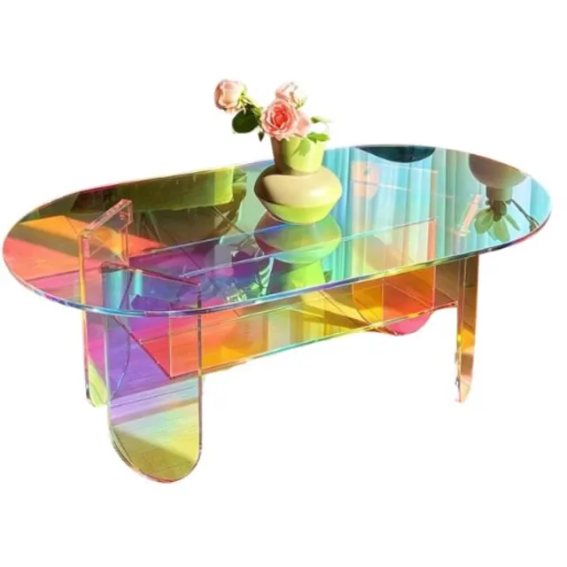 emvae Salontafel - Bijzettafel - Ovale salontafel - Tafel - Koffietafel - Acryl - Iriserend Regenboog Effect - 95 x 50 x 36 cm - Transparant