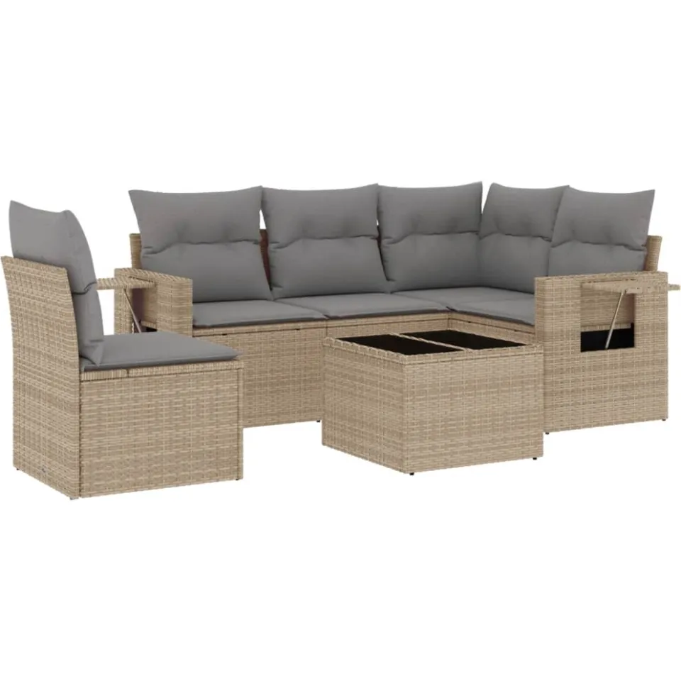 vidaXL 6-delige Loungeset met kussens poly rattan beige