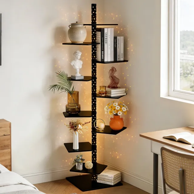 XIIW-PREMIUM 9-Niveaus 180x38x38cm Vrijstaand Boekenrek met LED Sterren Maan & Draaibare Plank, Verticale Boekentoren Boekenkast Plankkentoren van Metaal voor Woonkamer Kantoor Slaapkamer Thuiskantoor Decoratie, Zwart