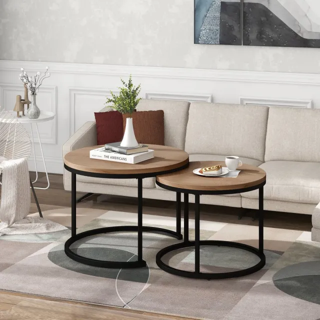 REDOM Rond 2-delige salontafelset in eikenlook - MDF tafelbladen, stevig stalen frame, stapelbaar, modern design