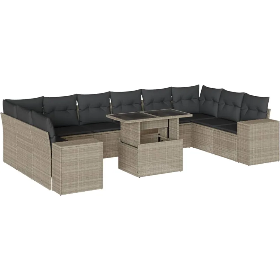 vidaXL 11-delige Loungeset met kussens poly rattan lichtgrijs grijs