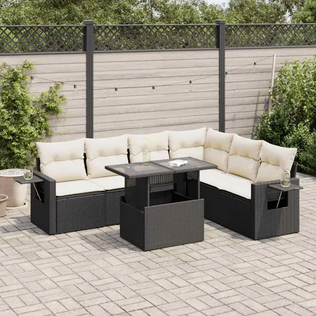 vidaXL 7-delige Loungeset met kussens poly rattan zwart, foto 2