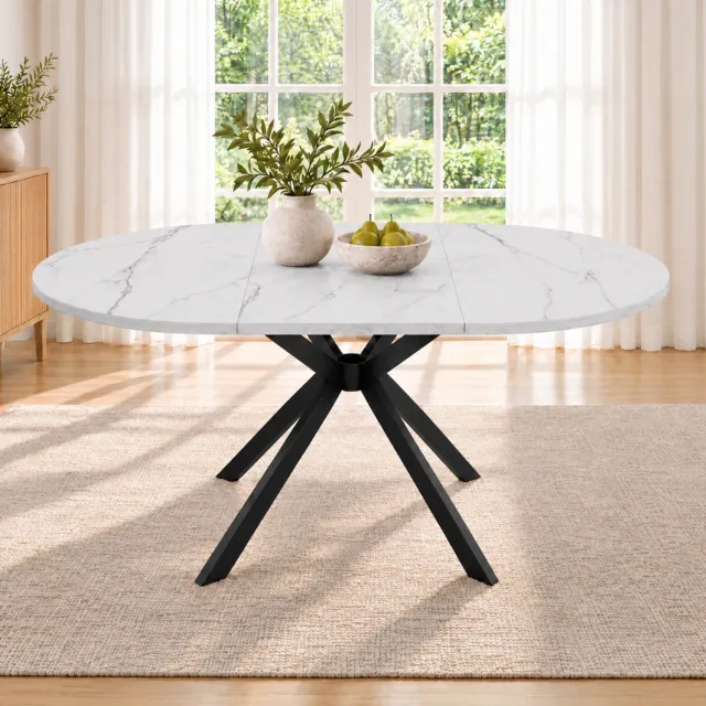 HAUSS SPOLE Eettafel - Uitschuifbaar Van Rond Naar Ovaal - Voor Eetkamer En Keuken - Wit MDF En Metalen Poten - 100x100 Tot 140x100 Cm
