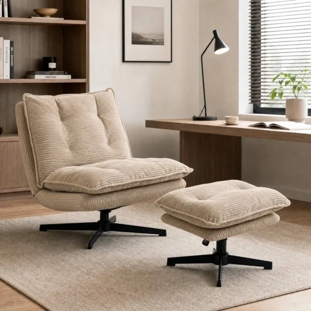 MODENUIT Relaxfauteuil 82 x 74 x 89 cm - 360 Graden Draaibaar met Hocker - voor Lezen - Ribstof - Beige